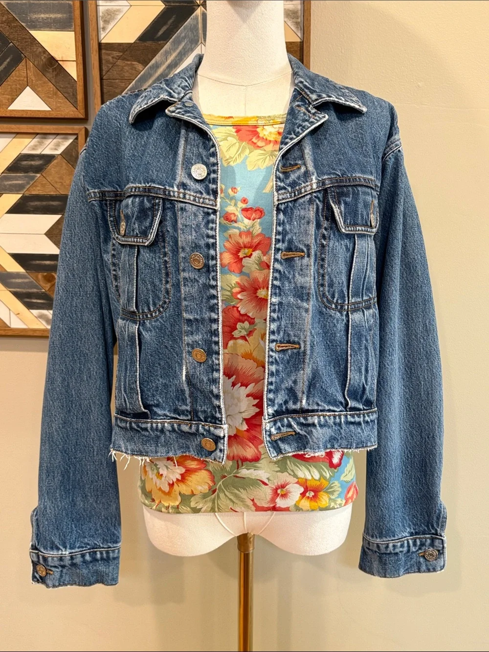 Vintage Ralph Lauren Country 90s Distressed Denim Boxy Cropped Jean Jacket sz M - Picture 2 of 14